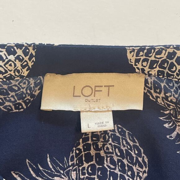 LOFT Navy Pineapple Top Womens Large Ladder Lace Novelty Popover Blouse - Picture 4 of 7
